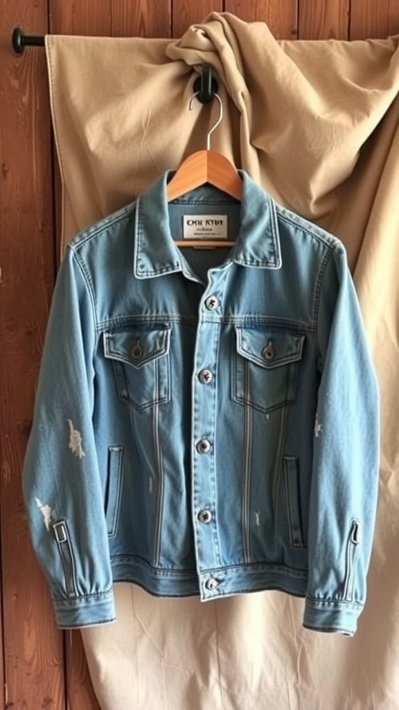 A classic crust denim jacket on a hanger with a rustic background.
